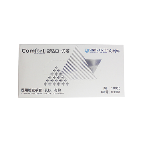 comfort有粉乳胶检查手套（舒适白-优等）有粉，光面，M，中号，100只/盒，U0700-M